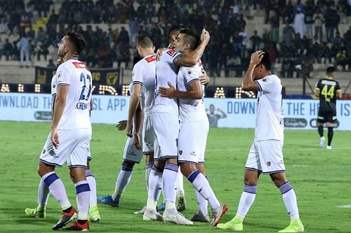 Chennaiyin FC celebrate their first-half lead against Hyderabad FC