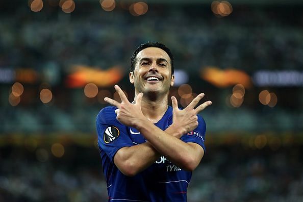 Pedro celebrates after sealing the deal for Chelsea in the UEL final against Arsenal