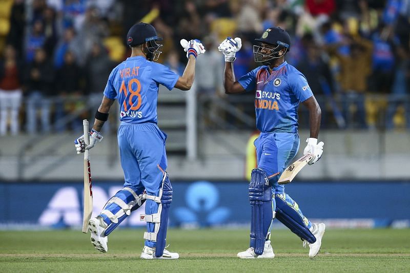 Virat Kohli celebrates with Sanju Samson after the former&#039;s exploits in the Super Over