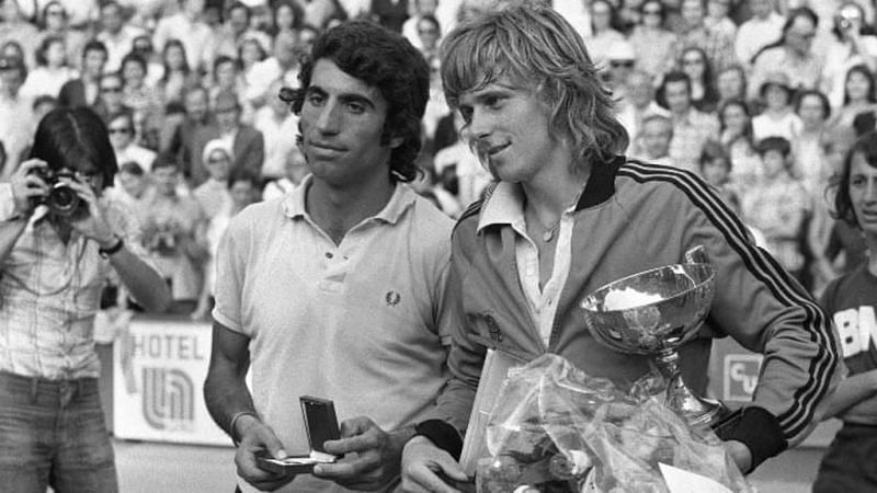Bjorn Borg poses with his title at the 1974 French Open