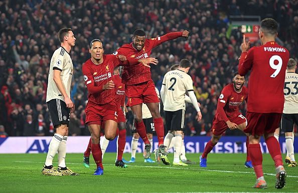 Virgil van Dijk celebrating his goal against Manchester United