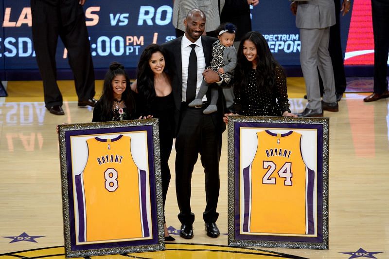 Kobe Bryant with his family during his jersey retirement in December 2017