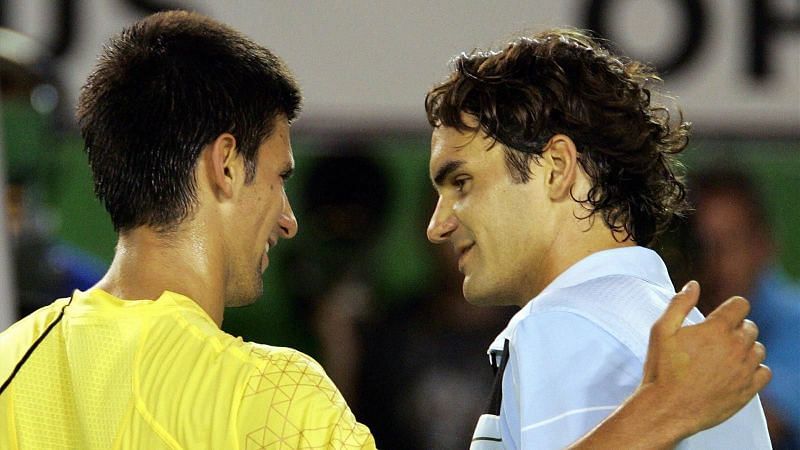 Djokovic (left) and Federer at the 2007 Australian Open