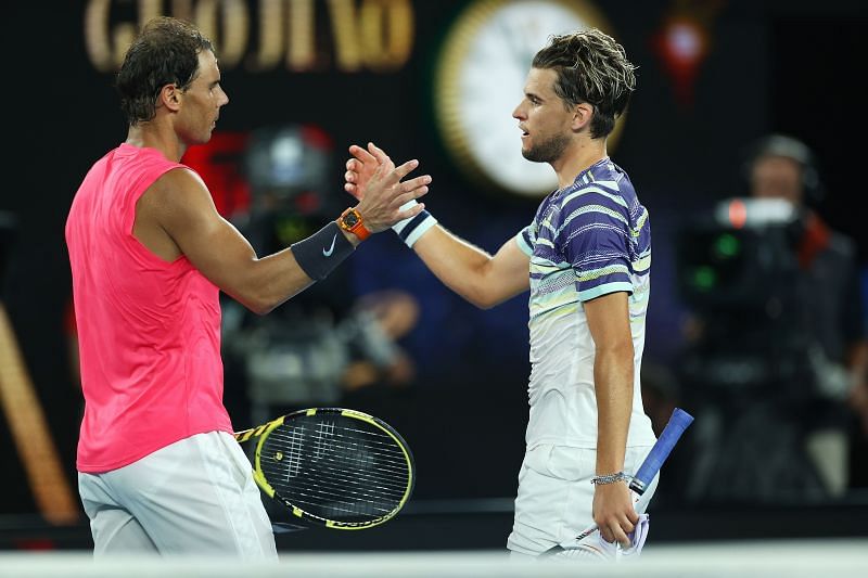 Dominic Thiem shakes hands with Rafael Nadal after defeating him in the quarterfinal of AO 2020