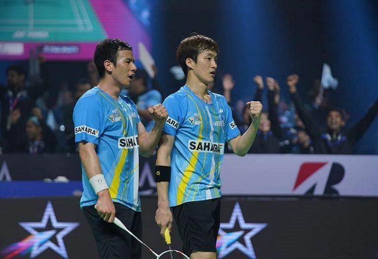 Ko Sung Hyun and Shin Baek Cheol celebrate after winning the Men&#039;s Doubles tie (Image Credits - PBL)