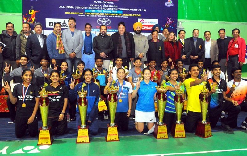 The title winners with their trophies at the Yonex-Sunrise All India Junior Ranking Tournament in Chandigarh