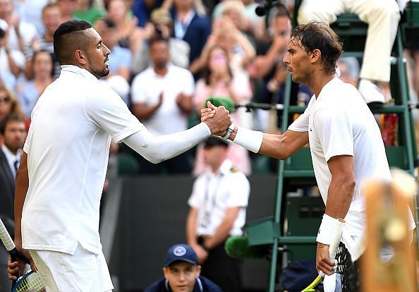 Nick Kyrgios (L) and Rafael Nadal