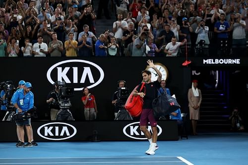 Roger Federer waving at his fans a final time at this year's Australian Open