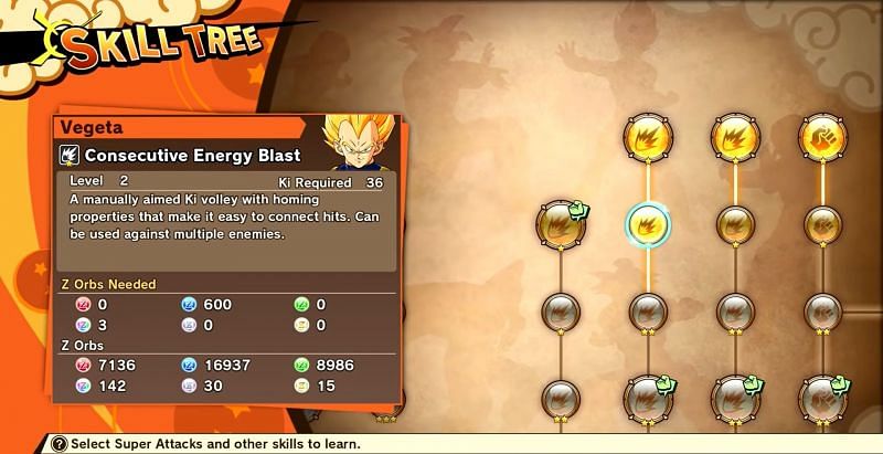 Vegeta&#039;s Skill Tree showing how many Z Orbs are needed to upgrade a move
