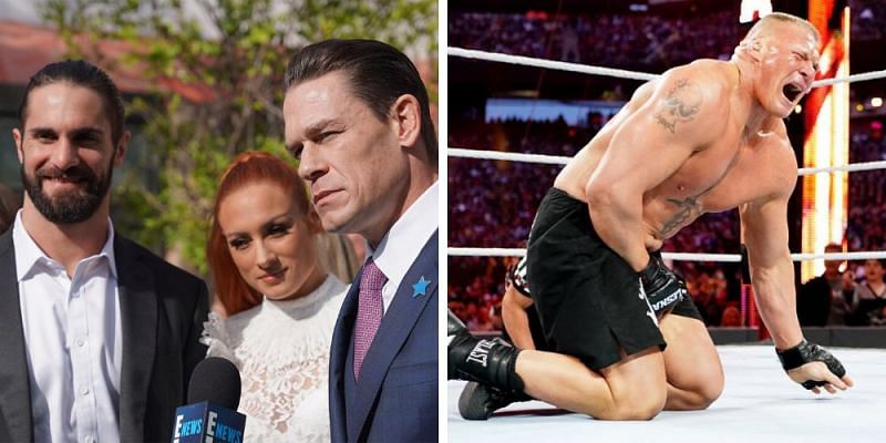 John Cena, Becky Lynch, Seth Rollins (left); Brock Lesnar (right)