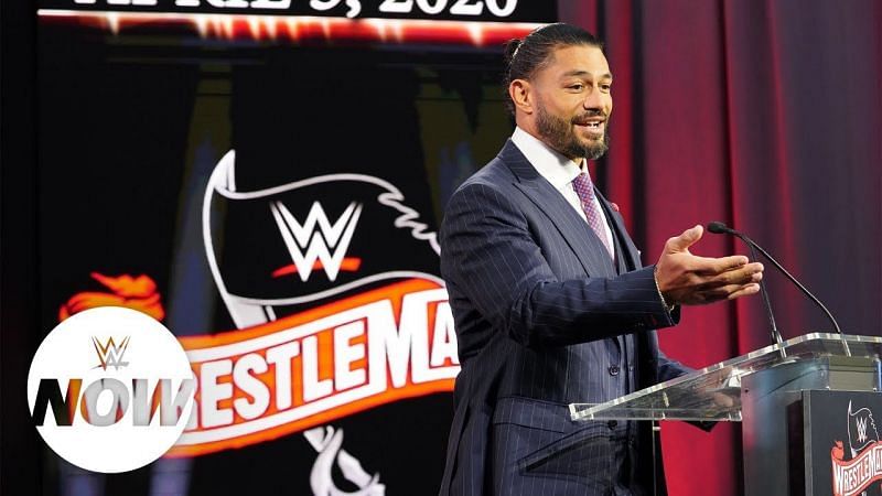 Roman Reigns during the WrestleMania 36 announcement