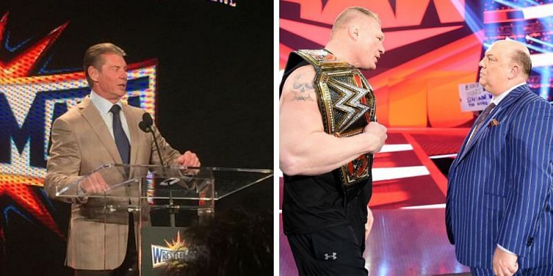 Vince McMahon (left); Brock Lesnar and Paul Heyman (right)