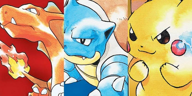 The three featured Pokemon from Red, Blue, and Yellow (Image via Game Freak)