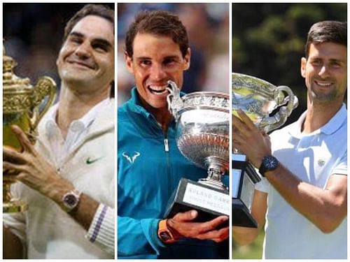 F ederer (left), Nadal, and Djokovic hoisting aloft their respective 17th Grand Slam titles