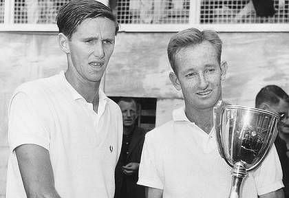 Rod Laver (right) saved a championship point in the 1960 Australian Open final against Neal Fraser (left)