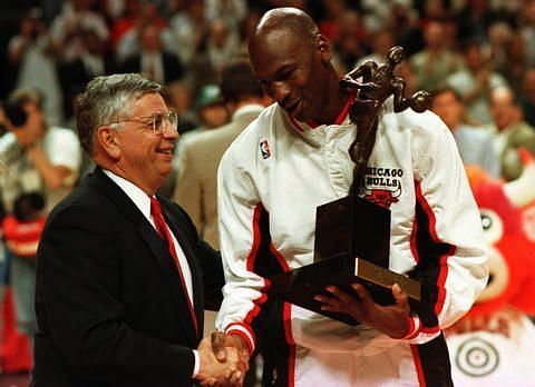 Michael Jordan receives the award from commissioner David Stern