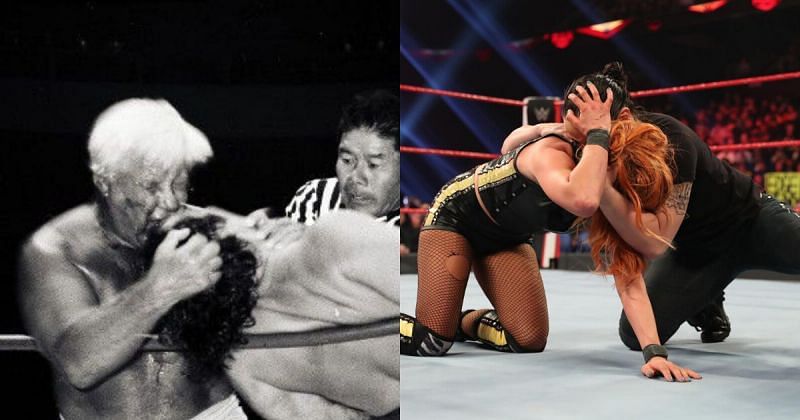 Freddie Blassie biting Rikidozan (PC: George Beppu )/Shayna Baszler biting Becky Lynch on RAW.