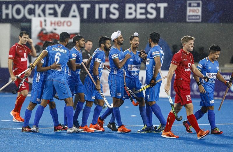 Jubilant Team India players after securing a victory against Belgium