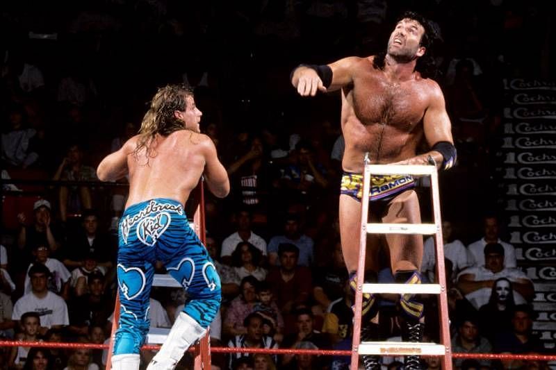 Shawn Michaels and Razor Ramon in their classic ladder match for the IC Title