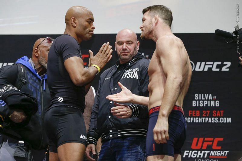Anderson Silva (left) face-to-face against Michael Bisping