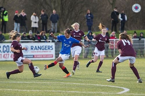 Bala Devi in action against Hearts of Midlothian FC