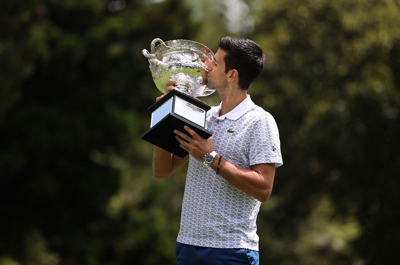Novak Djokovic with the 2020 Australian Open trophy