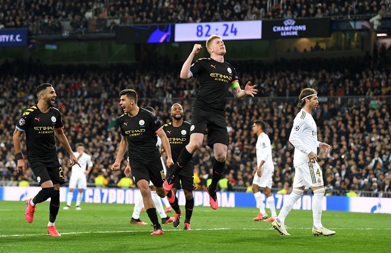Kevin de Bruyne celebrates his penalty strike to complete the second-half comeback against Real Madrid
