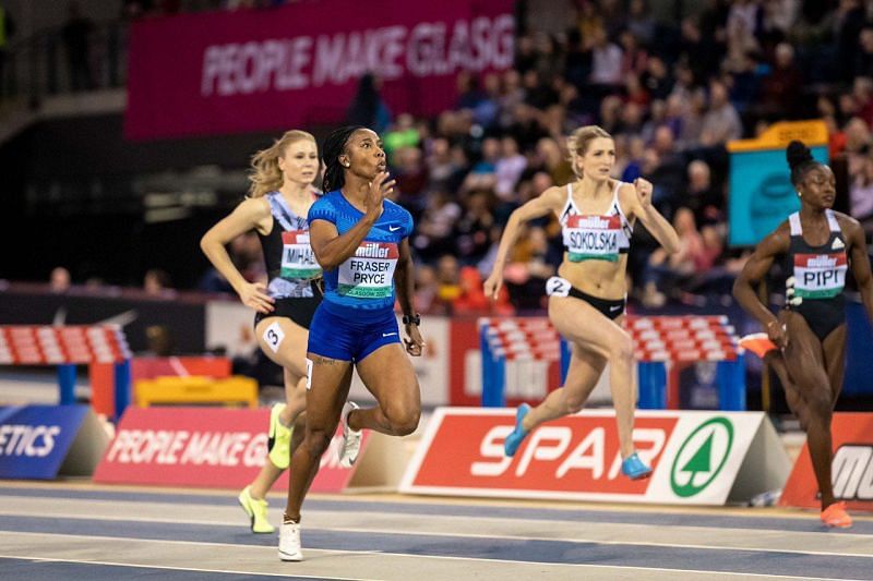 Shelly-Ann Fraser-Pryce competes in the 60m final