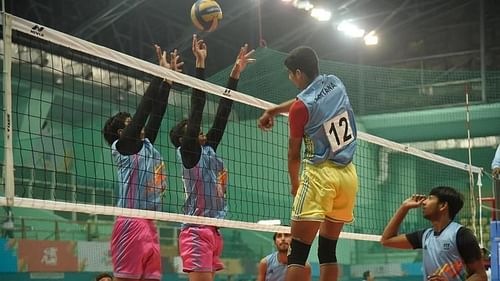 A volleyball game during Khelo India University Games 2020