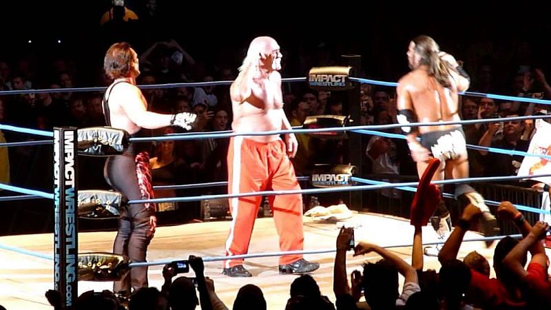 Hogan with Sting and James Storm in the middle of an epic posedown