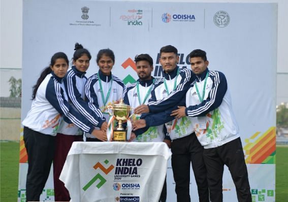 University-level athletes unveil the Khelo India University Games trophy