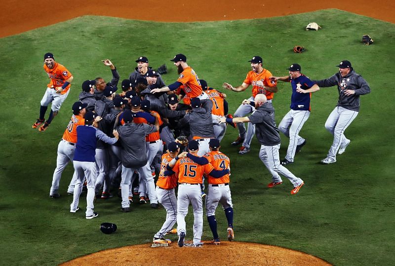 The Houston Astros celebrate their 2017 World Series Game 7 win over the Dodgers at Minute Maid Park.