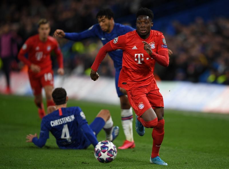 FC Bayern Muenchen&#039;s Alphonso Davies outrunning Chelsea&#039;s defence in the UEFA Champions League