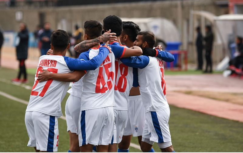 Bengaluru FC celebrate after scoring the first and only goal in the AFC Cup clash against Paro FC