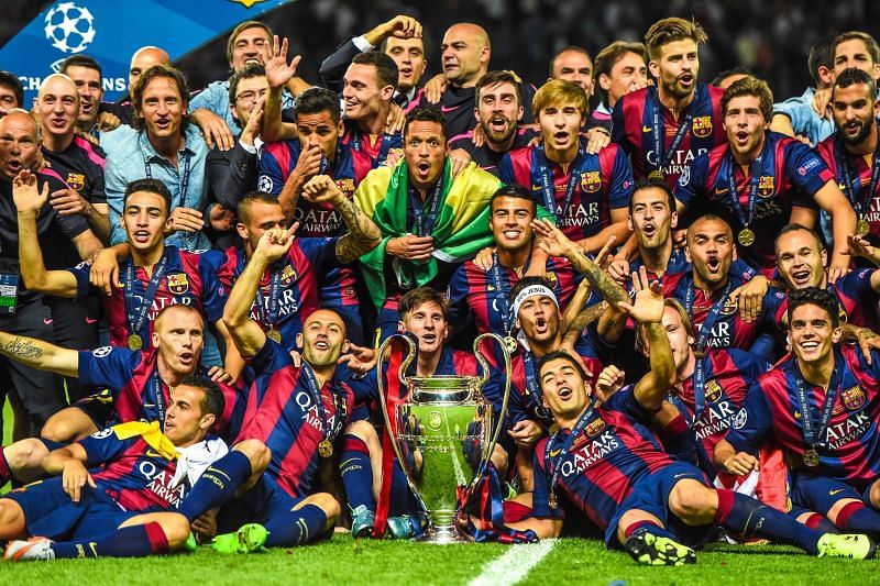 Barcelona celebrate their 2015 Champions League title