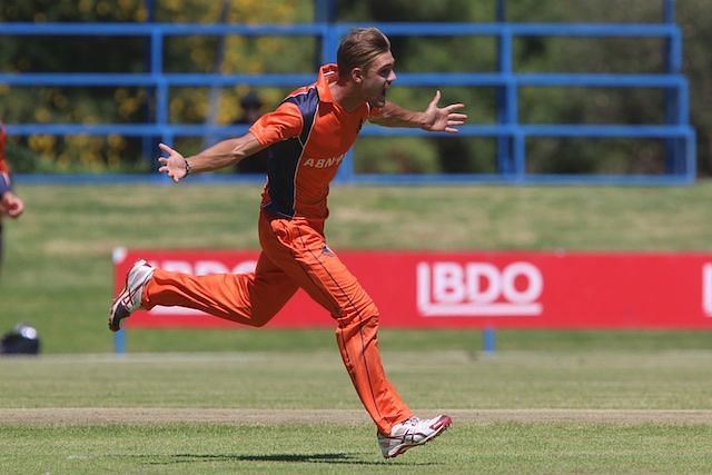 Michael Rippon celebrates a wicket against Namibia.
