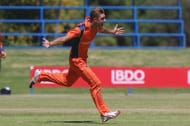 Michael Rippon celebrates a wicket against Namibia.