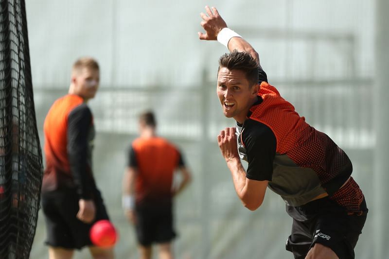 Trent Boult practising in the nets for the Wellington Test against India