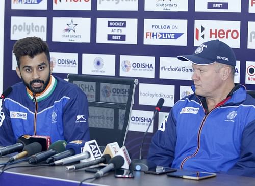 Indian Men's Hockey Team Captain Manpreet Singh speaks during a press conference