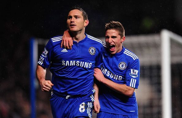 Fabio Borini celebrates a Chelsea goal with Frank Lampard