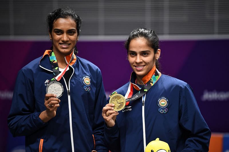 PV Sindhu and Saina Nehwal on the Badminton singles podium of 2018 Asiad, Jakarta