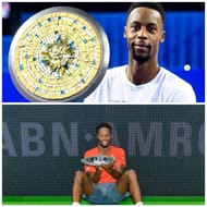 Monfils poses with his Montpellier (top) and Rotterdam trophies