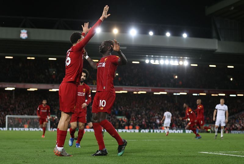 Sadio Man&eacute; and Trent Alexander-Arnold celebrate Liverpool&#039;s winning goal against West Ham 