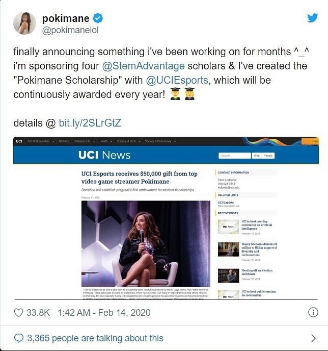 Pokimane tweeted about her donation to UCI