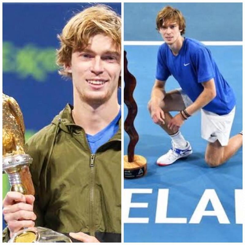 Andrey Rublev poses with his Doha (left) and Adelaide titles