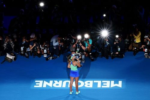 Sofia Kenin posing with the Daphne Akhurst Memorial Cup on Saturday.