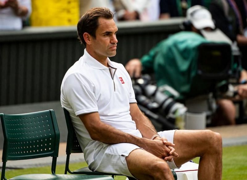 Federer sits glum-faced after the 2019 Wimbledon final
