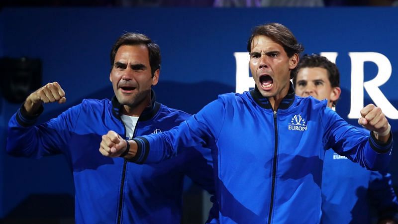 Federer (left) and Nadal at the 2019 Laver Cup