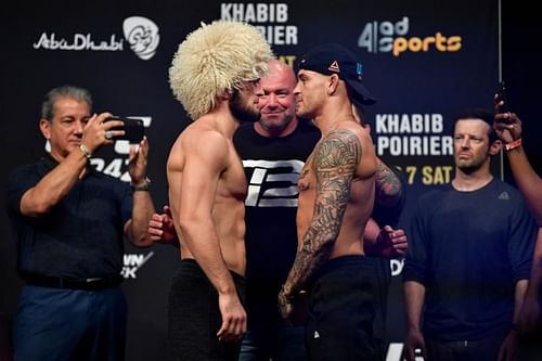 Dustin Poirier (right) facing-off against Khabib Nurmagomedov