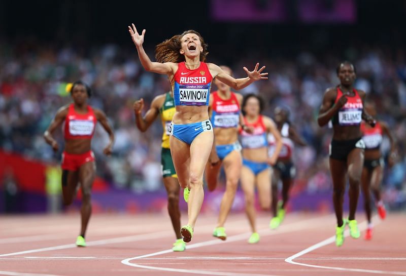 Mariya Savinova celebrates winning the 800m race at the 2012 London Olympics